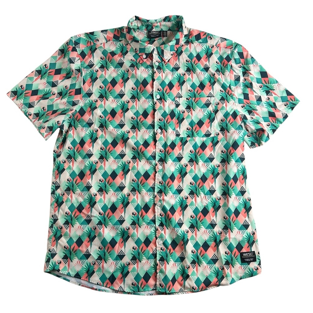 WESC Men’s XL Button‎ Down Shirt Tropical Parrot Geometric Print Short Sleeve